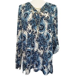 MICHAEL Michael Kors Blue Abstract Long Roll Tab Sleeve Gold Chain Blouse Boho
